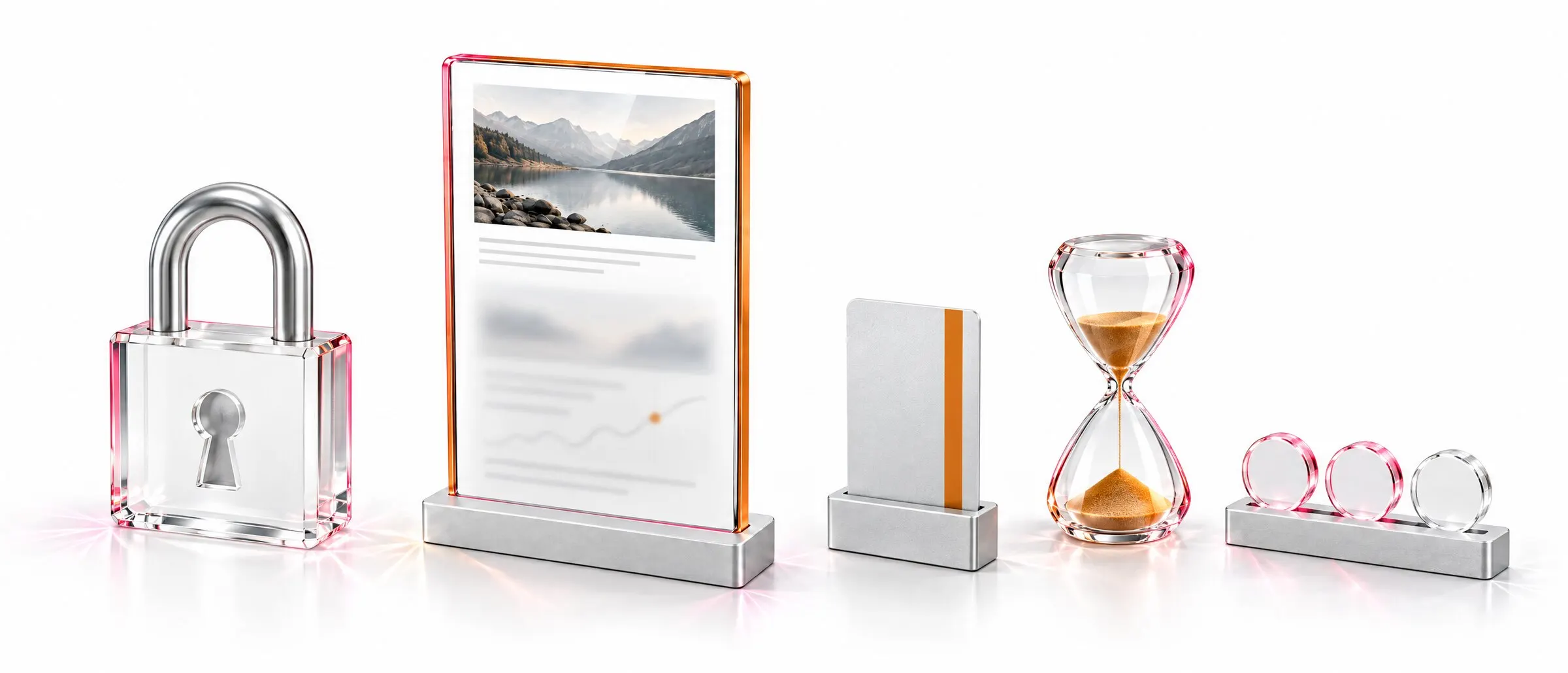 A crystal padlock, a report frosted as if locked, a key card, an hourglass and three tokens, one left out