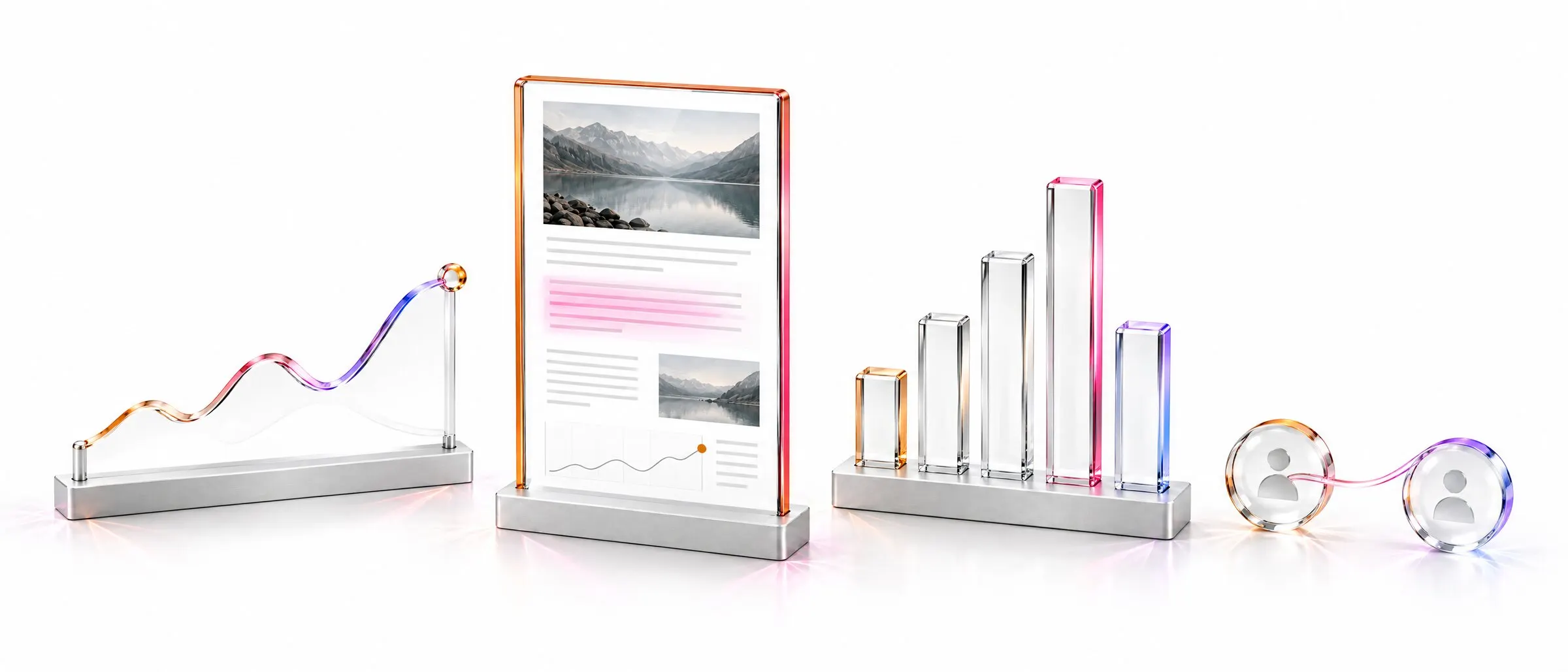 A rising crystal ribbon, a report glowing where readers lingered, five crystal bars and two joined tokens