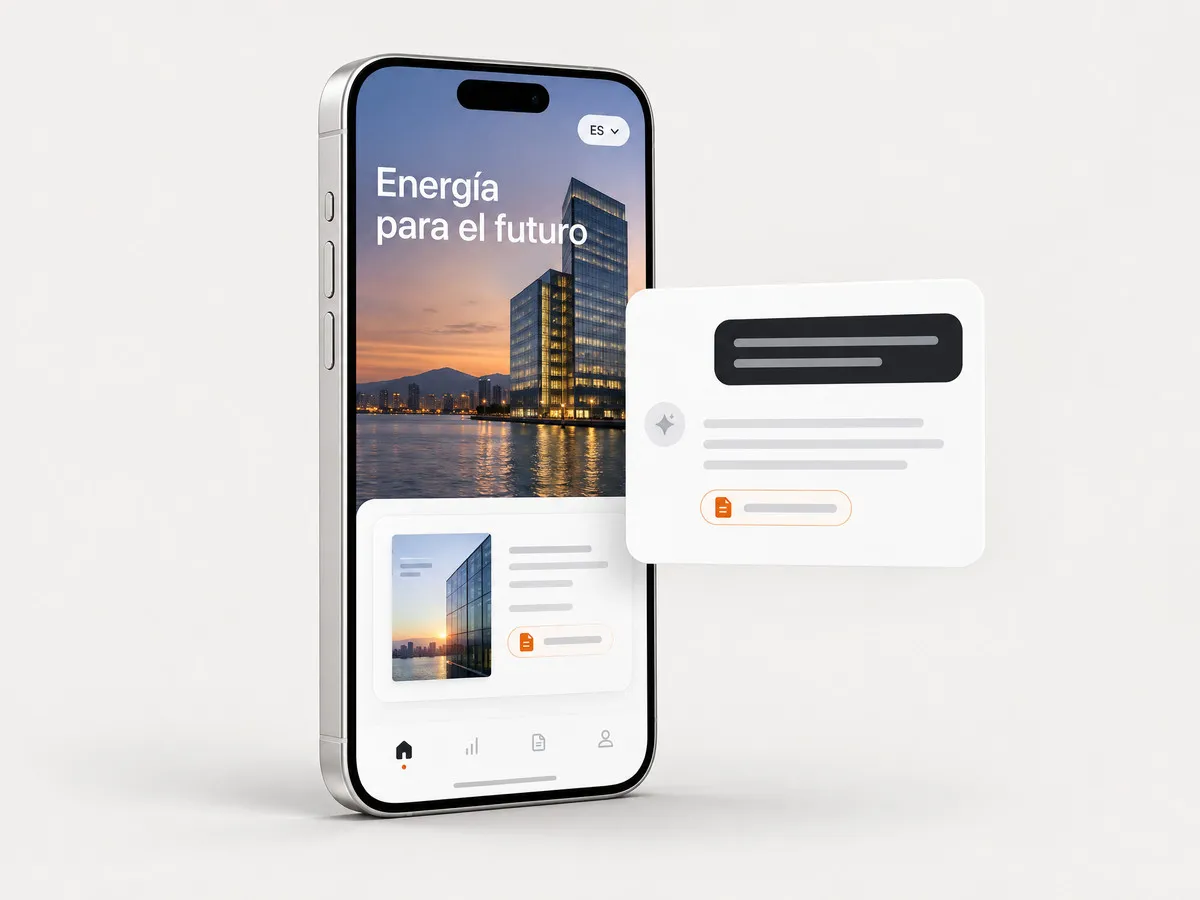 A phone showing an investor portal in Spanish beside an AI chat answer with a citation