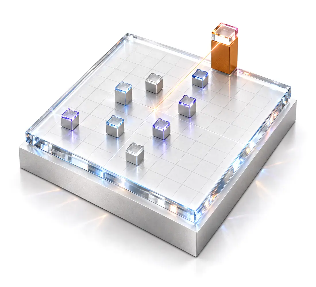 The grid as an object: a square crystal plate etched with a fine grid on an aluminium plinth, small aluminium and crystal cubes scattered across it, and in the top corner one taller amber block capped in lit crystal, the leader