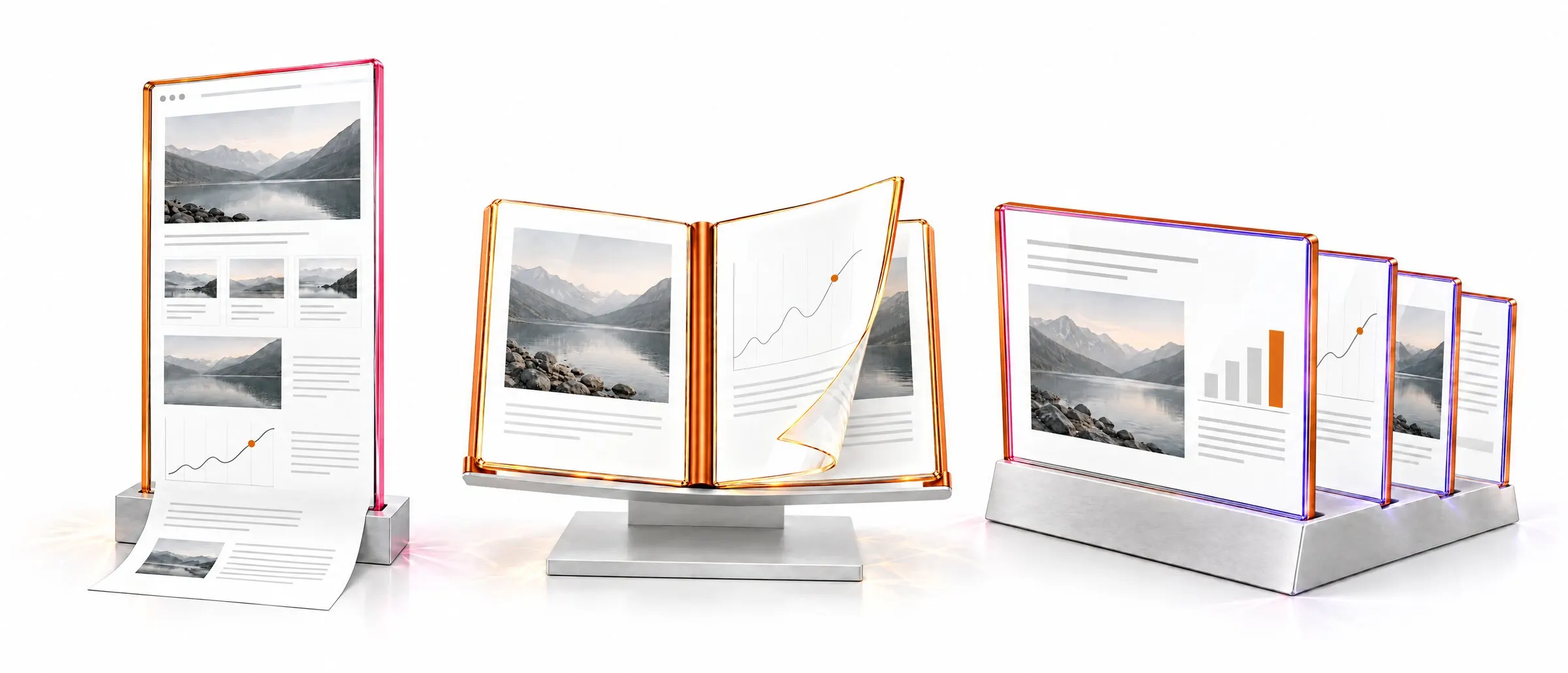 Three formats in glass: a microsite whose page runs on below it, an open flipbook and a presentation slide