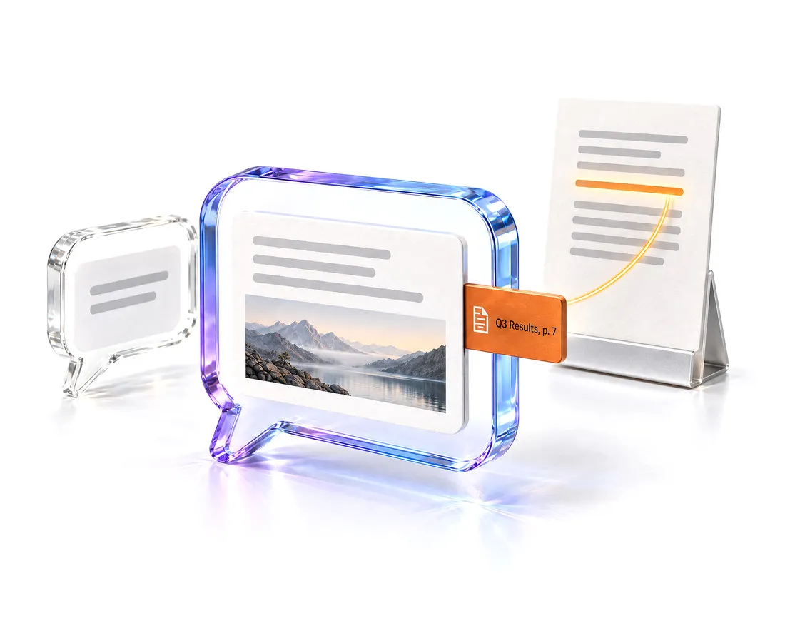 A crystal speech bubble holding an answer with an amber citation tab, Q3 Results, p. 7, wired to the cited page