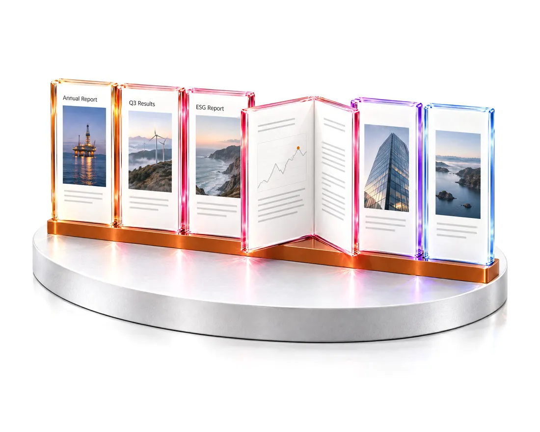 A rack of crystal panes holding an annual report, quarterly results and an ESG report, one opened at a chart