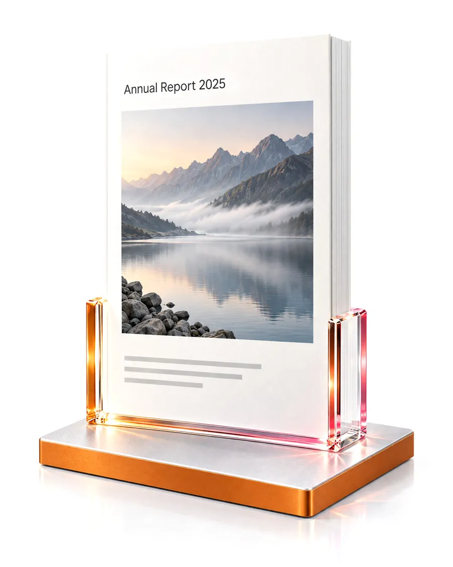 An approved annual report standing in a crystal stand on an aluminium plinth