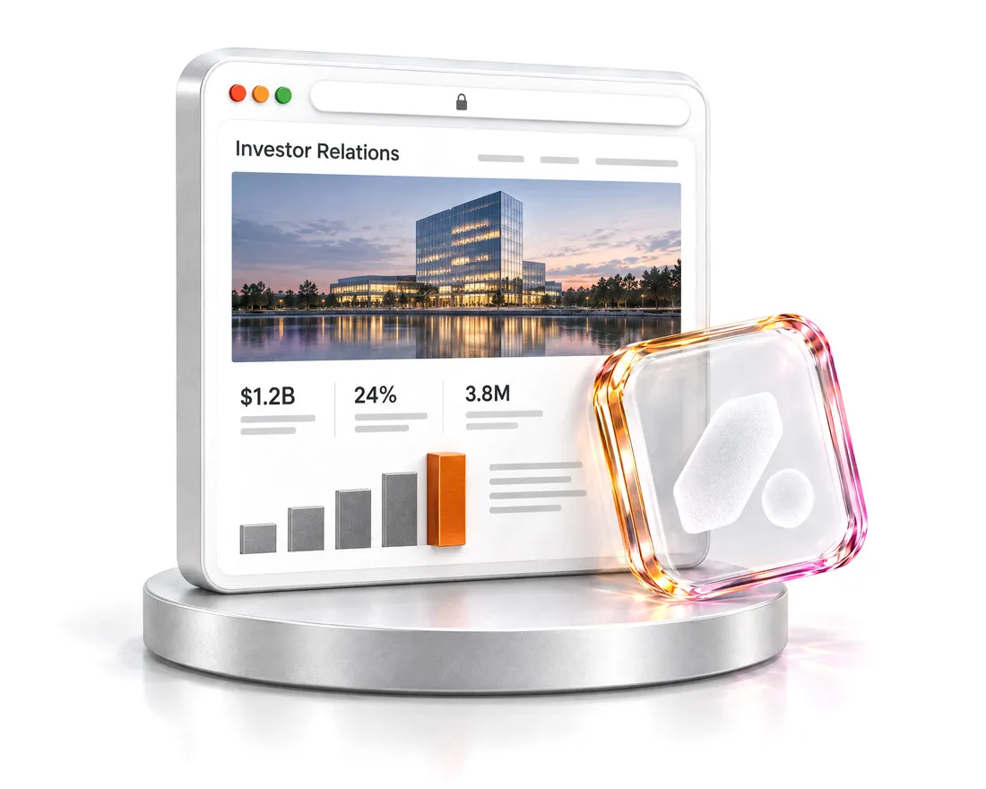 A miniature browser on an aluminium plinth showing an investor relations website with a bar chart, its last bar in amber metal