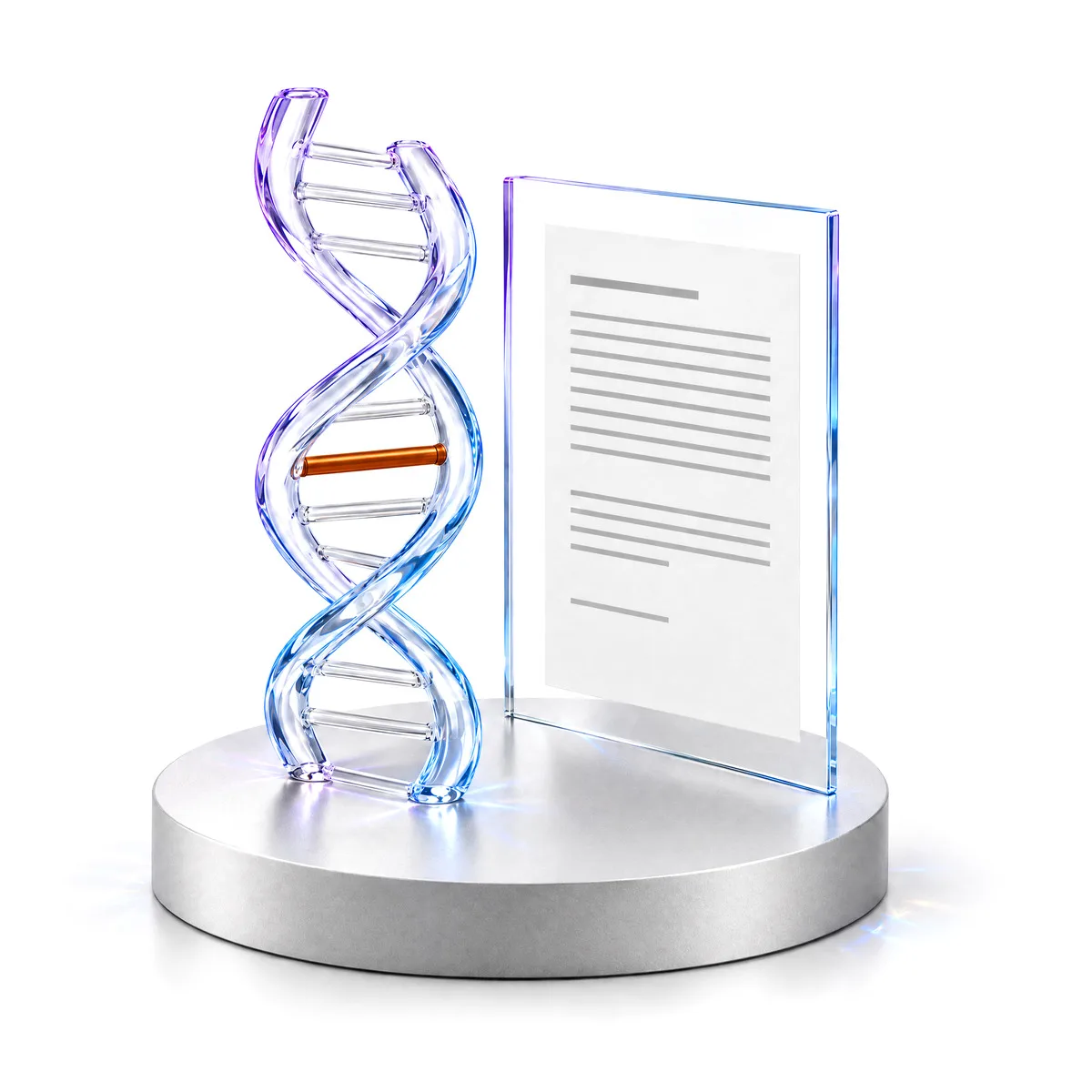 A double helix in pale violet crystal beside a glass document pane, on an aluminium plinth