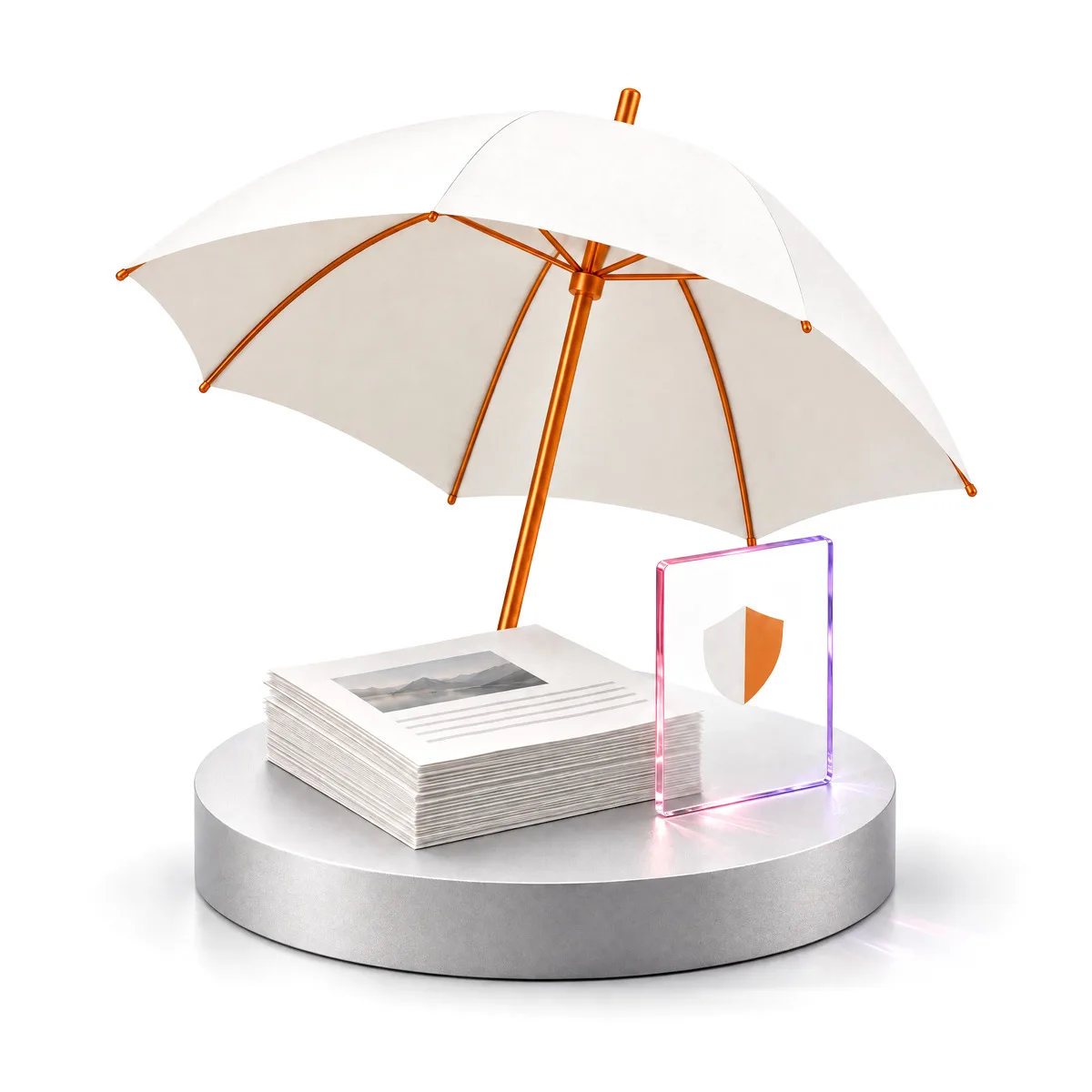 A white paper umbrella on amber ribs sheltering a small stack of documents, on an aluminium plinth