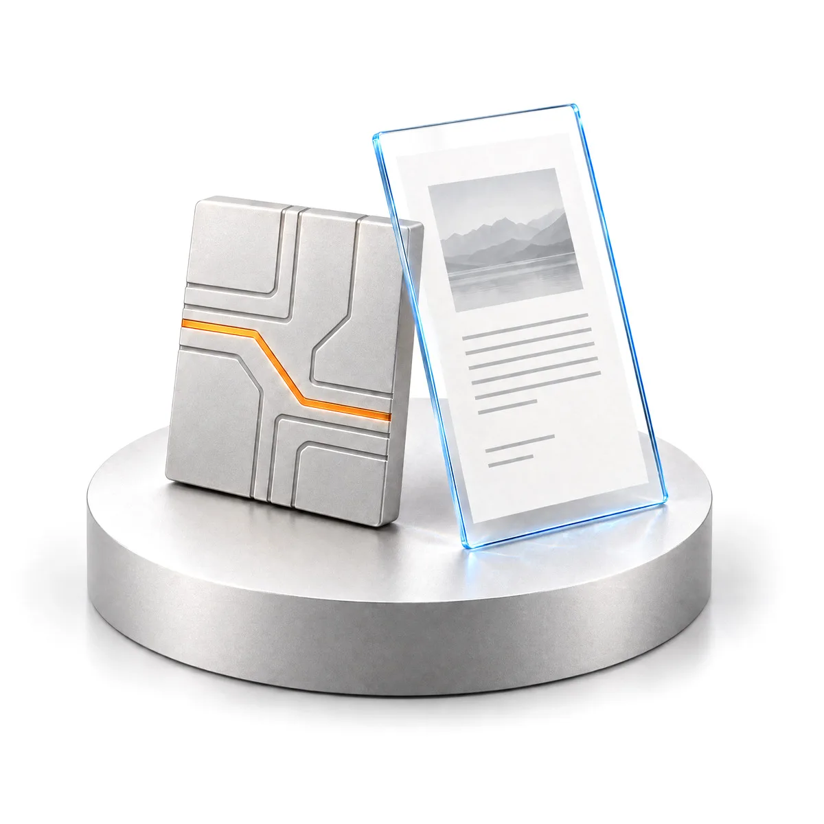 An aluminium chip with machined traces, one of them amber, a glass document pane leaning on it