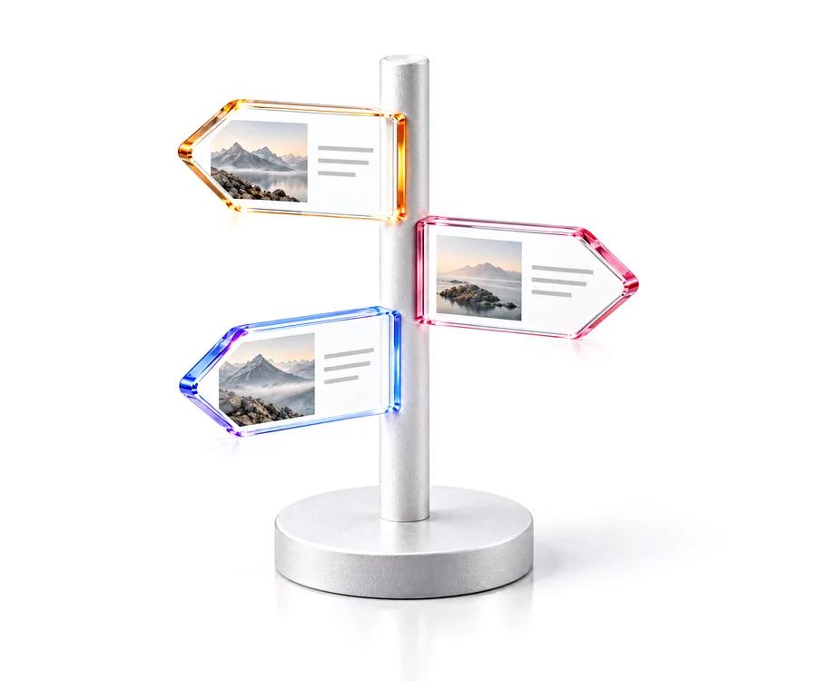 An aluminium signpost with three crystal arrows pointing three ways, their edges lit amber, rose and violet
