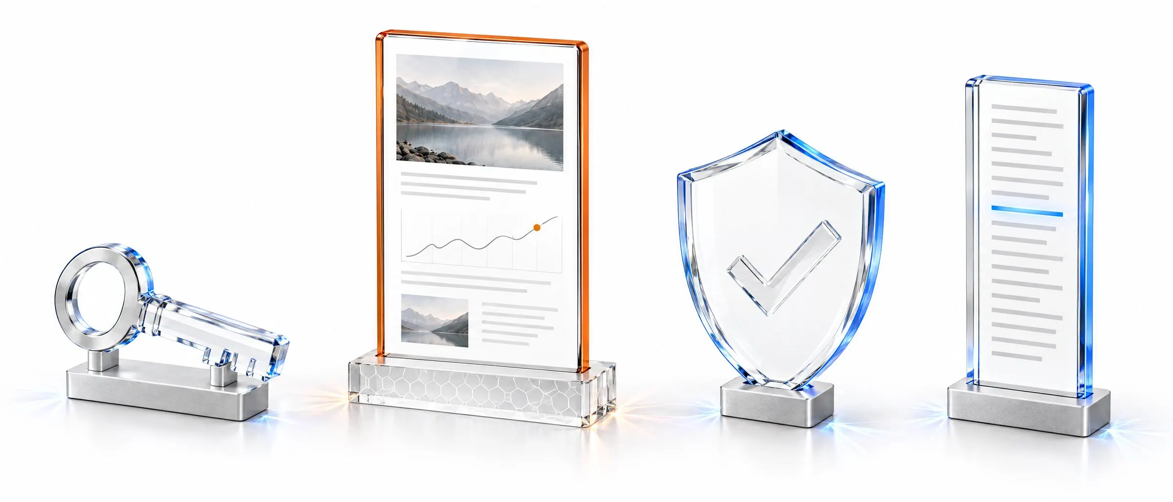 A crystal key, a report on a hexagon-etched plinth, a crystal shield with a check mark and a slab etched like a log