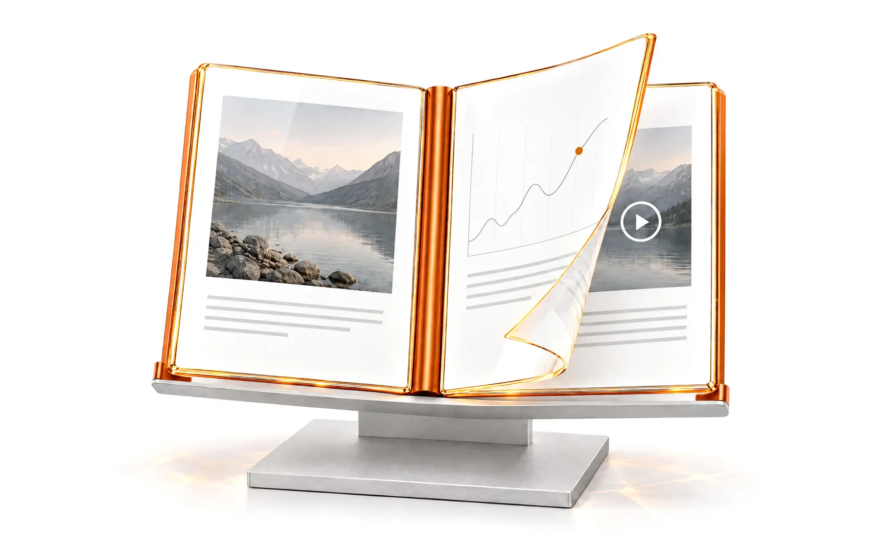 The experience as a flipbook: an open book of glass pages in an amber spine on an aluminium lectern, one page curling mid-turn