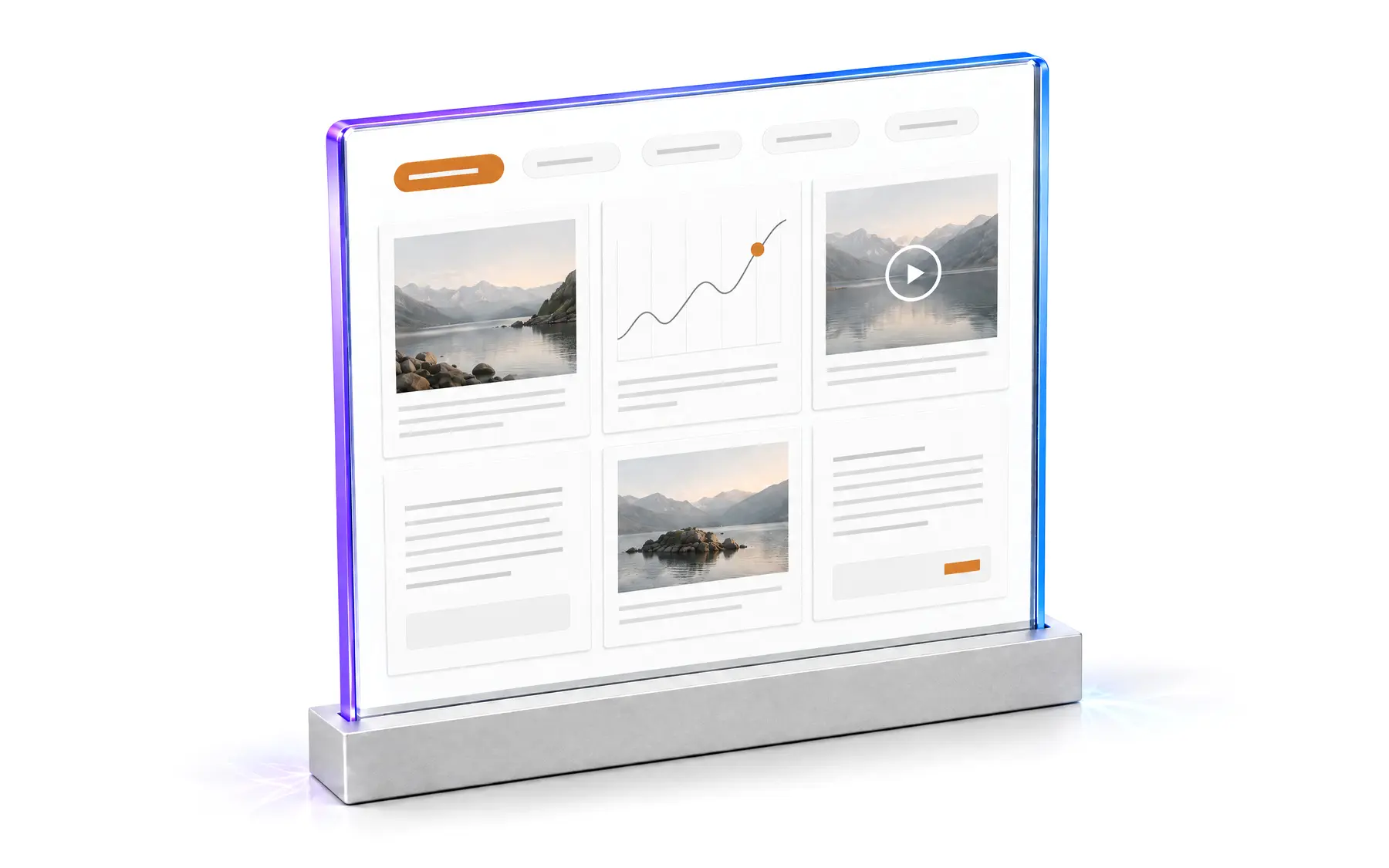 The experience as a hub: a wide amber-framed glass pane holding a grid of six content cards under a row of filters