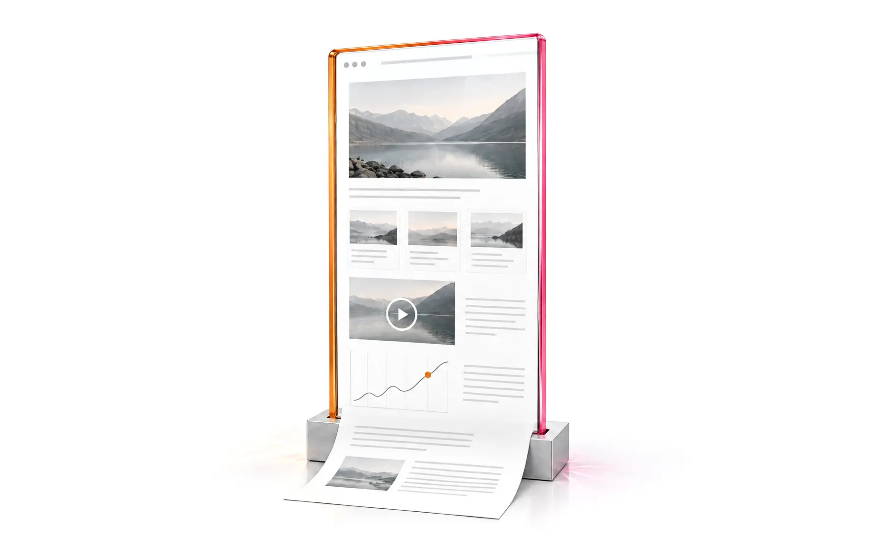 The experience as a microsite: a tall amber-framed glass pane shaped like a browser window, one long page running past its lower edge