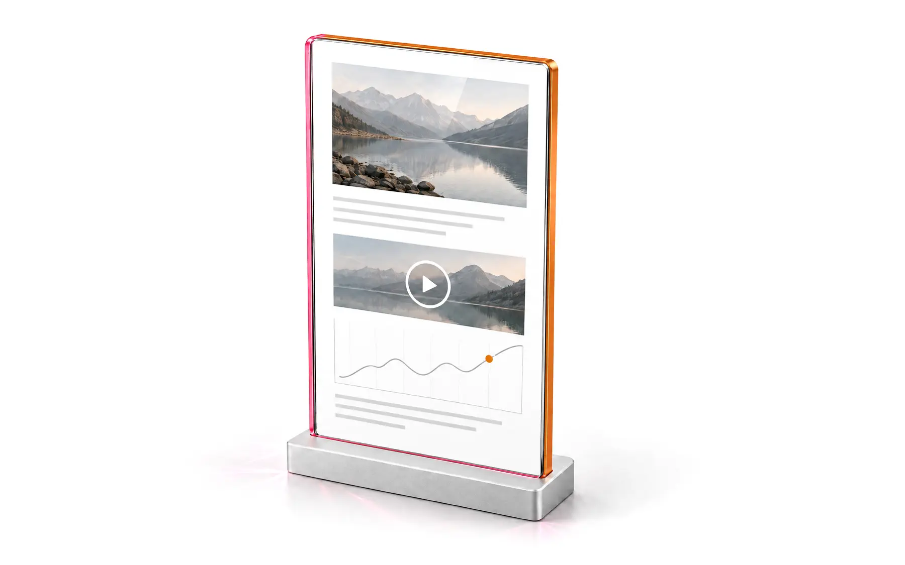 The experience as a single asset: a slim hand-held glass card on an aluminium plinth showing a cover photograph, a video and a chart