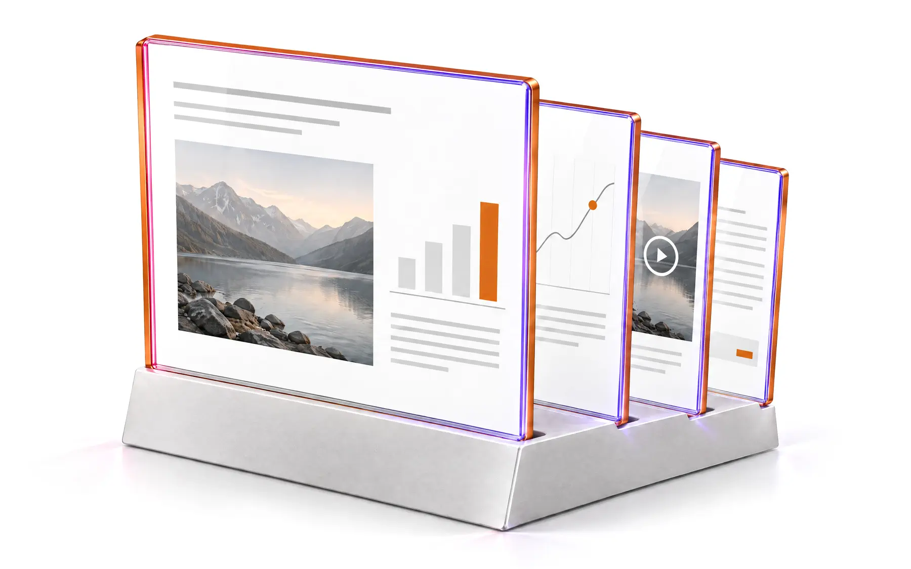 The experience as a deck: an amber-framed 16:9 glass slide with a photograph and a bar chart, the next slides fanned behind it