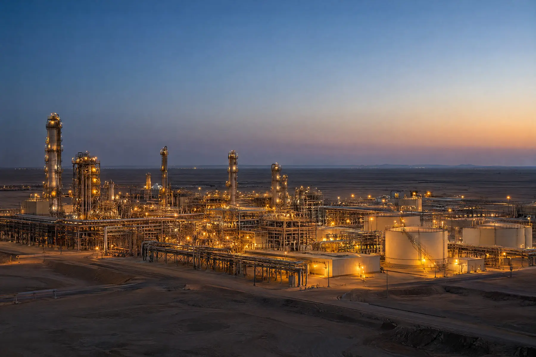 A gas processing plant lit up at dusk
