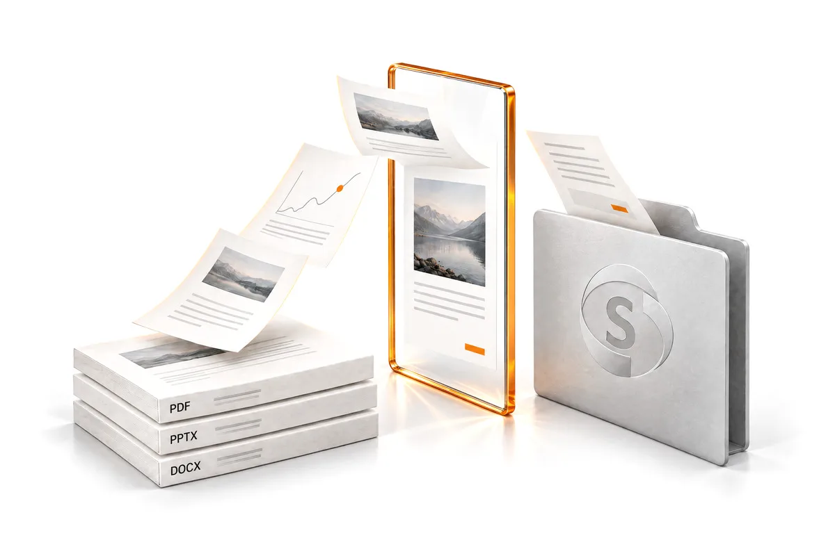 Paper documents embossed PDF, PPTX and DOCX beside an aluminium folder with the SharePoint mark, their pages lifting into one glass pane