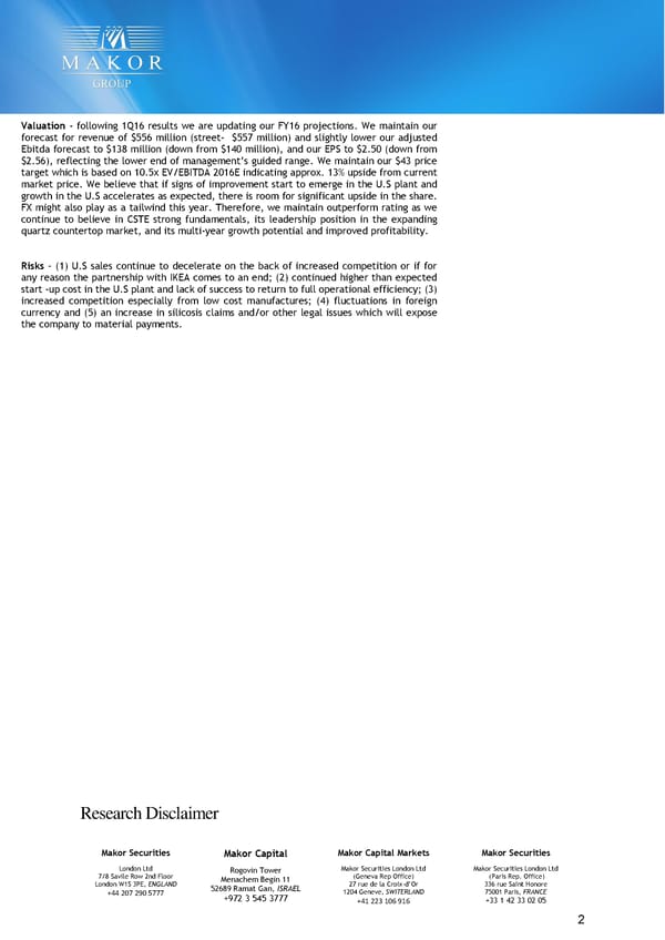 Caesarstone(CSTE: US) -&nbsp;1Q16 Results - Page 2