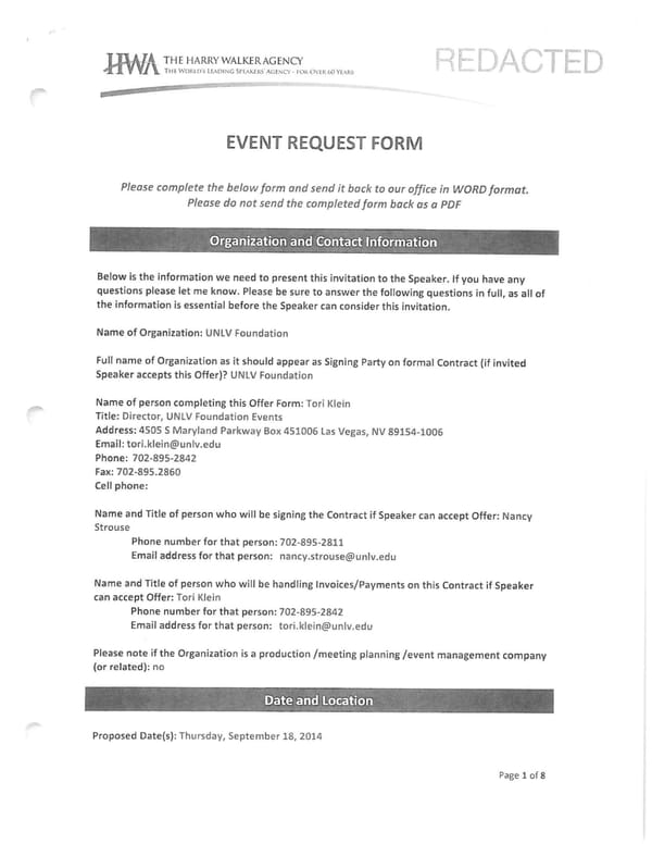 UNLV Event Request Form - Page 1