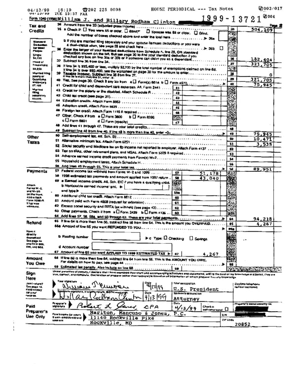 1998 U.S. Individual Income Tax Return (B_Clinton_1998) - Page 2