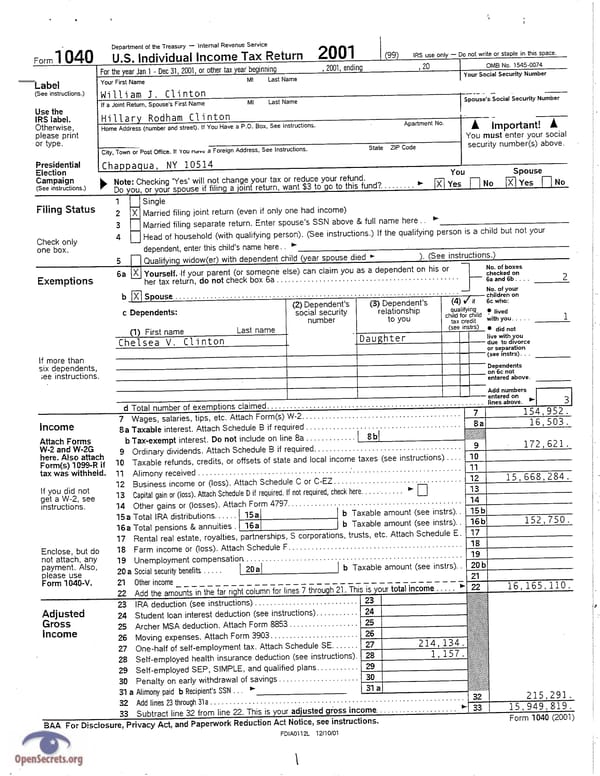 Clintons Tax Return 2001 - Page 1