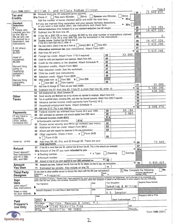 Clintons Tax Return 2001 - Page 2