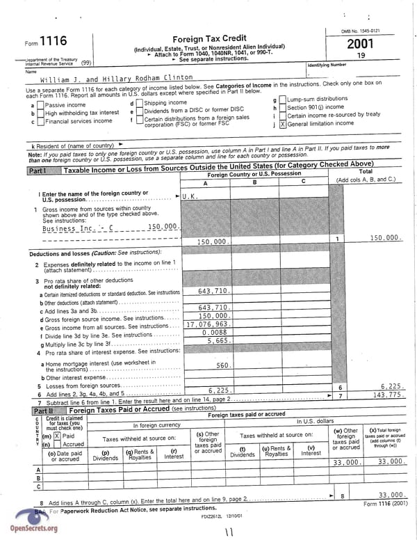 Clintons Tax Return 2001 - Page 11