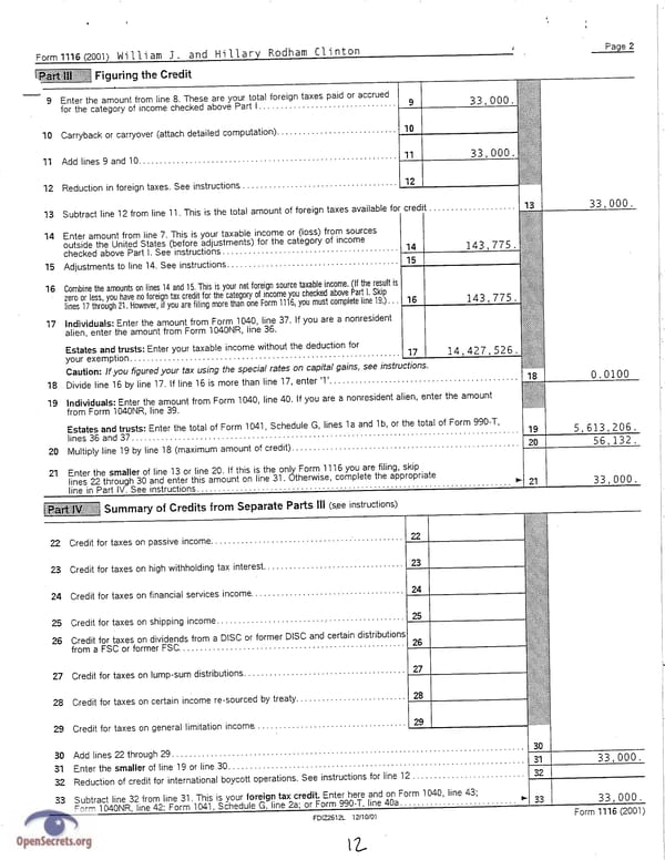 Clintons Tax Return 2001 - Page 12