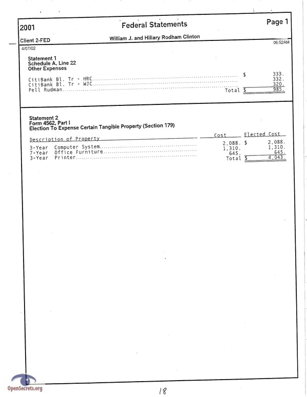 Clintons Tax Return 2001 - Page 18