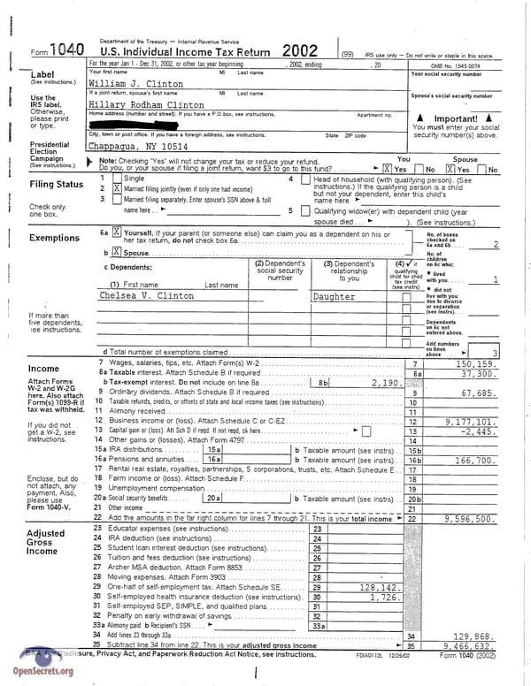 Clintons Tax Return 2002 - Page 1