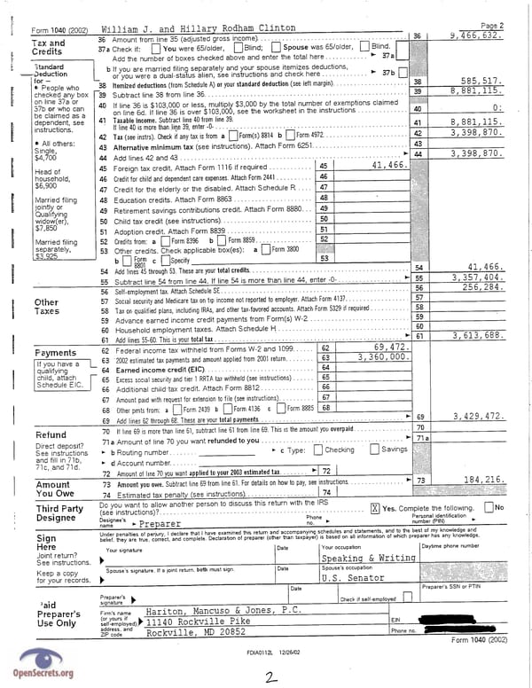 Clintons Tax Return 2002 - Page 2