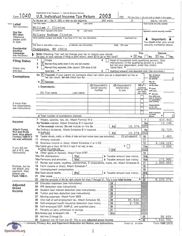 Clintons Tax Return 2003 - Page 1