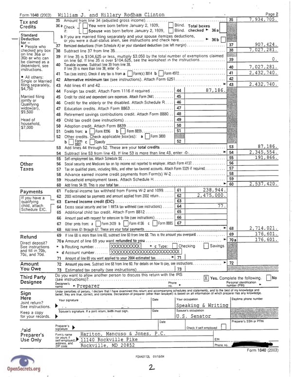 Clintons Tax Return 2003 - Page 2