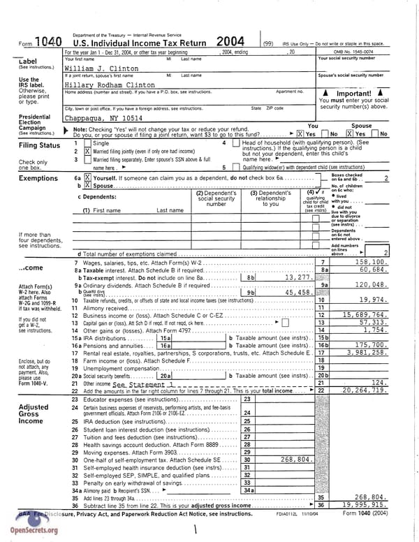 Clintons Tax Return 2004 - Page 1