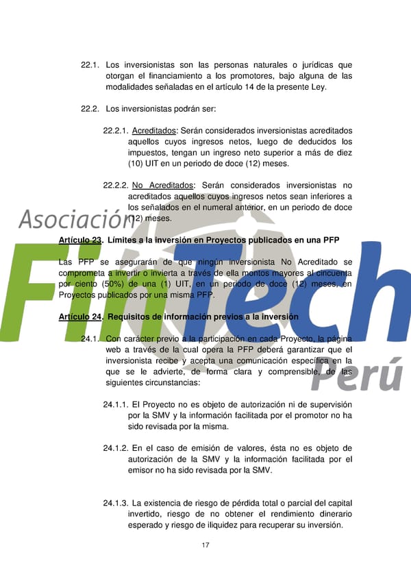 Propuesta de Ley para Regular el Crowdfunding Financiero en Perú Septiembre 2017 - Page 17