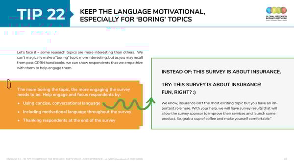 ENGAGE 2 0 - 30 tips to improve the research participant user experience - A GRBN Handbook 2020 04 - ol - Page 43