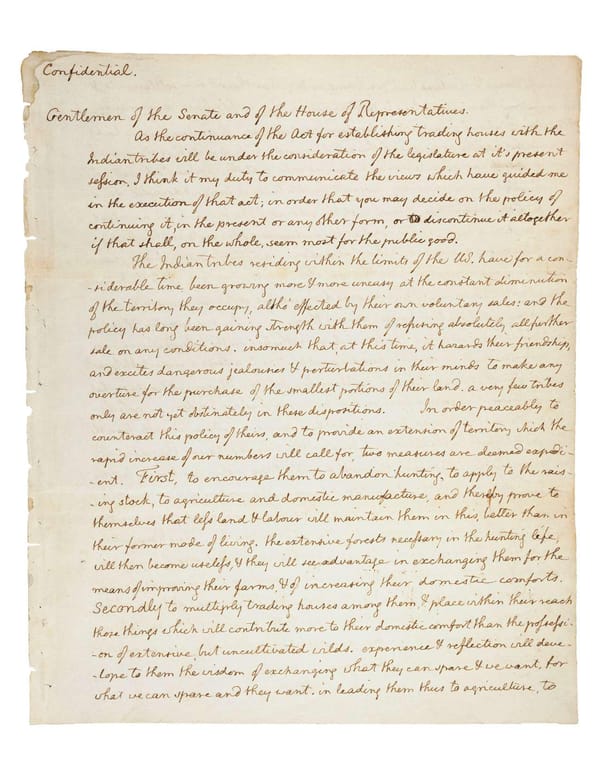 Jefferson's Secret Message to Congress Regarding the Lewis & Clark Expedition (1803) - Page 1