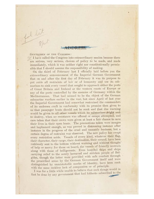 Joint Address to Congress Leading to a Declaration of War Against Germany (1917) - Page 1