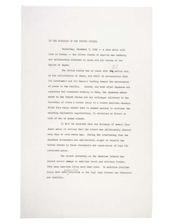 Joint Address to Congress Leading to a Declaration of War Against Japan (1941) - Page 1