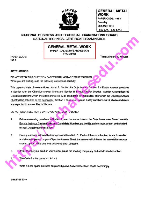 NABTEB Past Questions on General Metal Work - Page 1