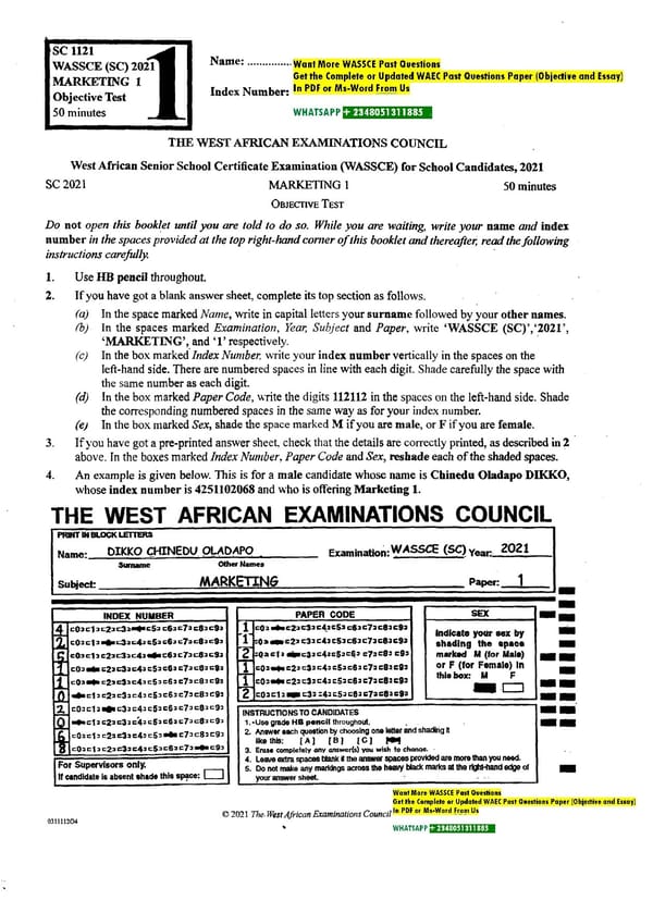 WASSCE Marketing Past Questions PDF Download - Page 1