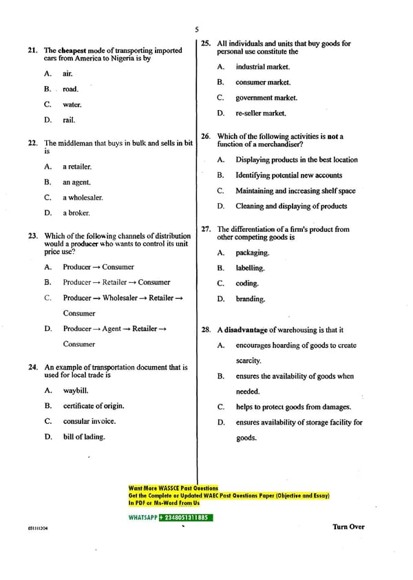 WASSCE Marketing Past Questions PDF Download - Page 5