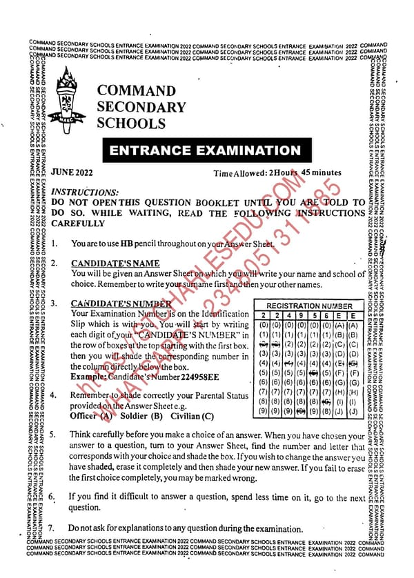 Command Secondary School Entrance Examination Past Questions - Page 1