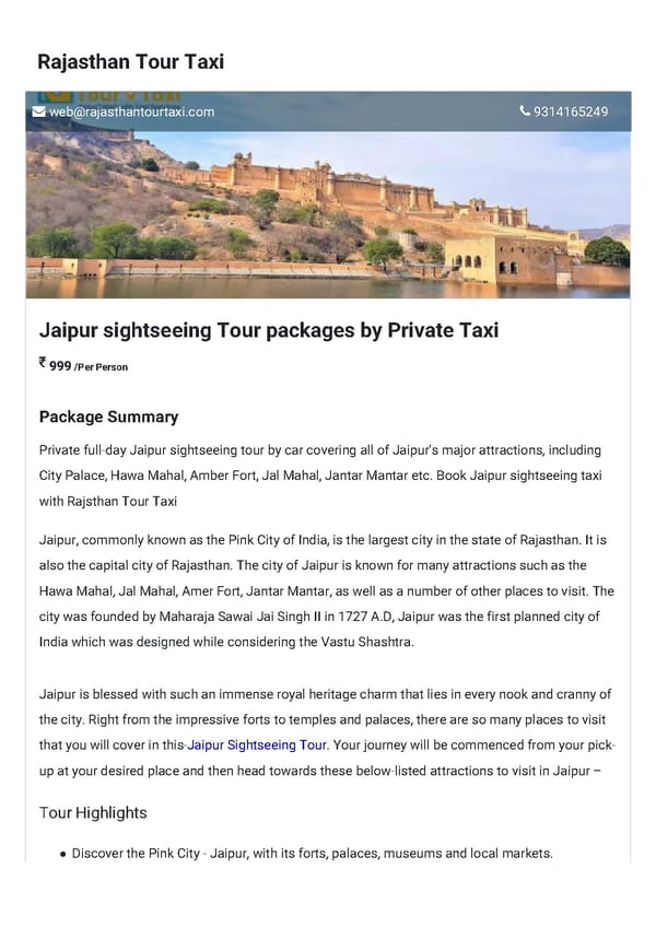 Jaipur sightseeing Tour packages by Private Taxi - Page 1