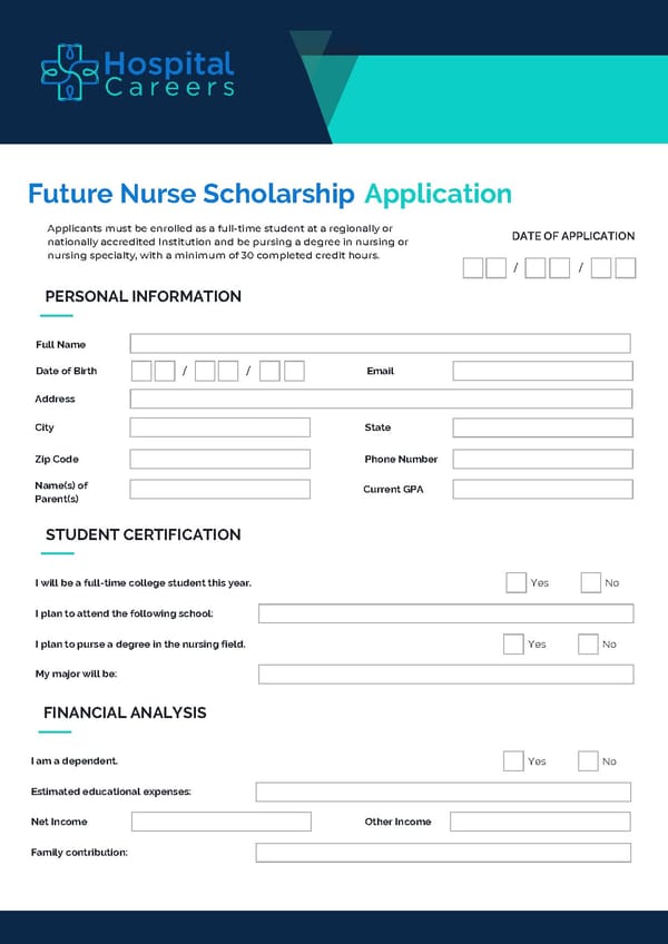 HospitalCareers Future Nurse Scholarship Application - Page 1