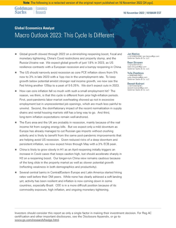 Goldman Sachs Global Economics Analyst Macro Outlook 2023 - Page 1