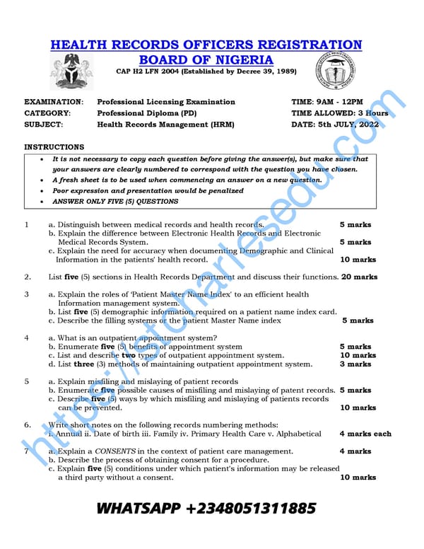 HRORBN Past Questions for Professional Diploma Examination - HIM Technician - Page 1