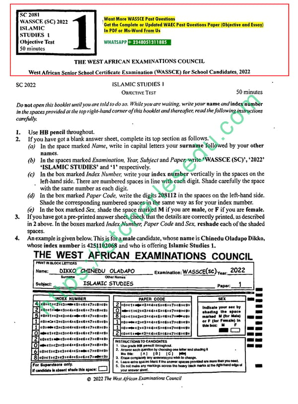 WAEC Islamic Studies Past Questions and Answers - Page 1
