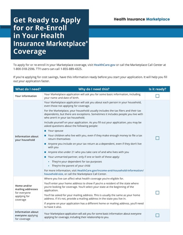 Get Ready to Apply for or Re-Enroll 
in Your Health Insurance Marketplace Coverage - Page 1