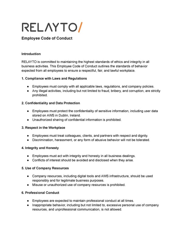 RELAYTO Employee Code of Conduct - Page 1